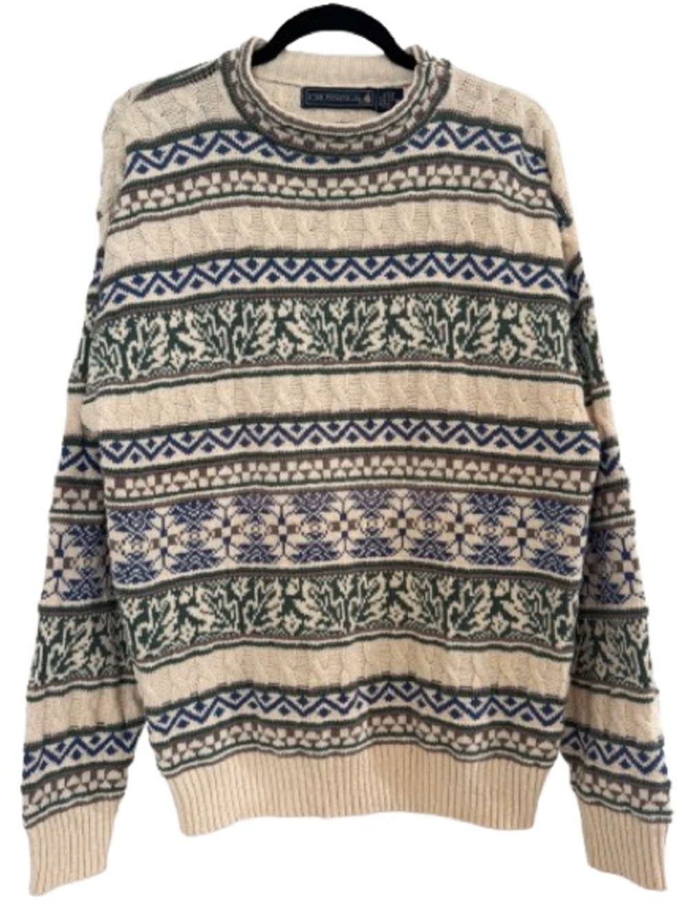 Vintage Crossings Crewneck Sweater Knit Fair Isle Textured Cotton Cream